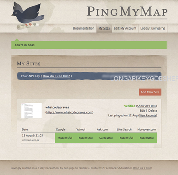 listing of what sites pingmymap sent my sitemap to